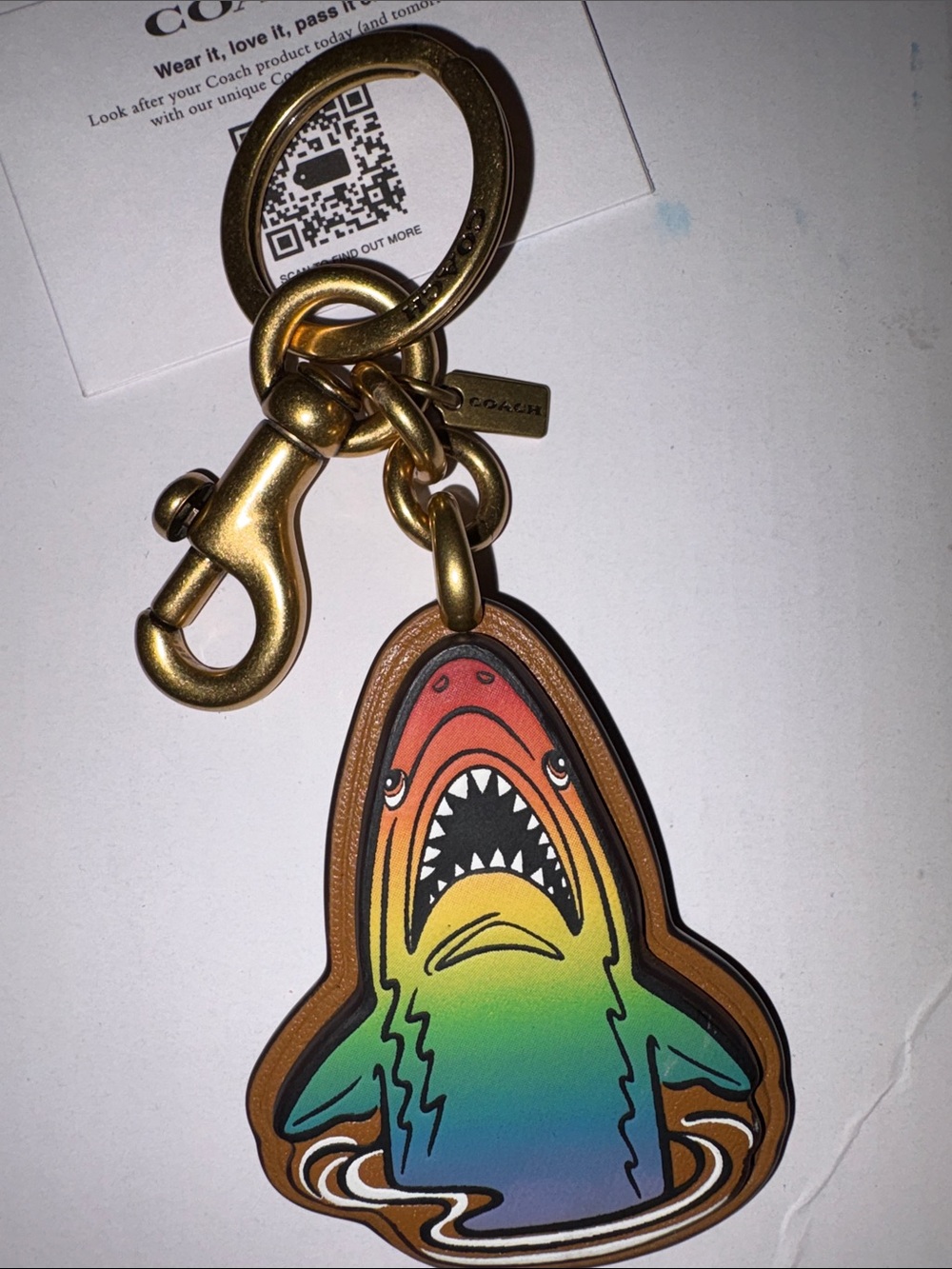 Coach Leather Rainbow Bag Charm Sharky the Mascot Keyring with Gold Hardware